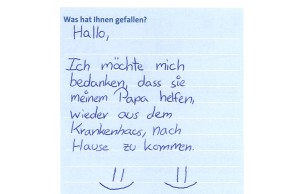 ein Danksagungstext für die Genesung des Vaters, versehen mit vielen Smilies, geschrieben in einer noch etwas unbeholfenen Kinderschrift von dessen Tochter Olivia